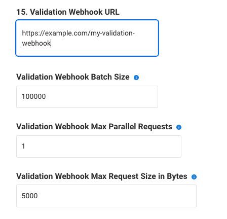 The form used to specify different validation webhook parameters